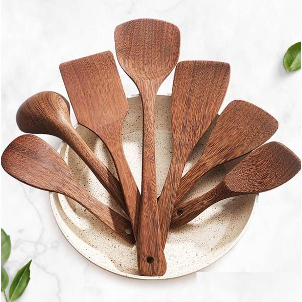 Utensílios de cozinha Spata de madeira natural Eco-Friendly Colher de madeira antiaderente Spatas Long Handle Refeição Retro Colander Tool Drop Delivery Dhmcj