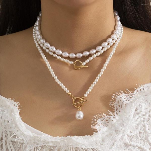 Collana orecchini set cuore con perline temperamento da donna francese multistrato a forma di metro perla imitazione ragazza ornamento regalo