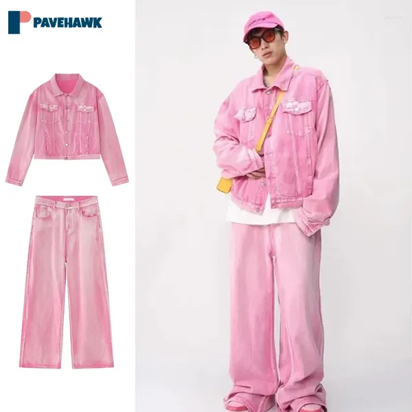 Erkeklerin Trailtsits American Pink Denim Set Erkekler Moda Yüksek Sokak Bahar Sonbahar Ceket Kot Koreli UNISEX Y2K GİBİ HARAJUKU İki Parça Setleri