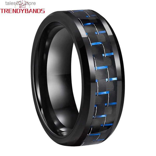 Alyanslar 8mm Siyah Tungsten Halkası Erkekler için Kadınlar Eğimli Kenarlar Mavi Karbon Fiber Kakar Cilalı Bitiş Konforu Uyum Q231120