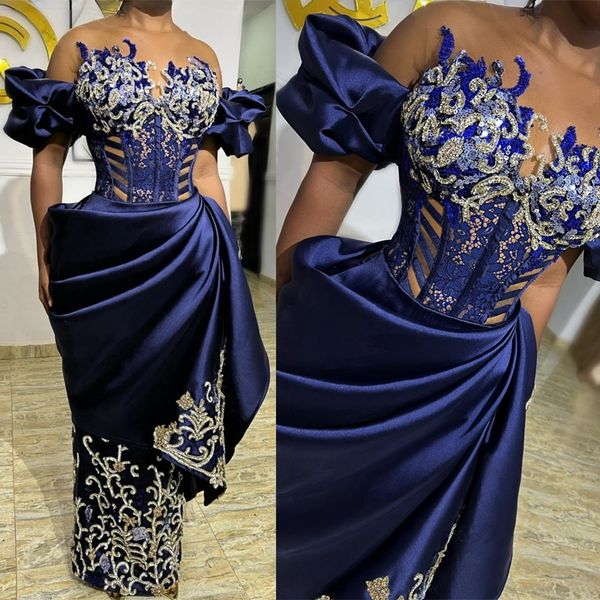 2023 Abiti da ballo Aso Ebi taglie forti Foto reali Spalle scoperte Blu royal Guaina in pizzo Perline Africano Nigeria Abito da sera glitter Abiti di seconda accoglienza