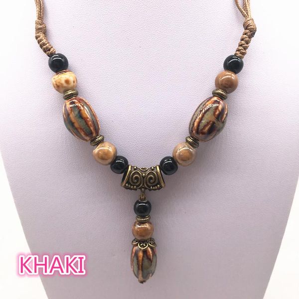 Anhänger Halsketten Mode Ethnischer Schmuck Traditionelle handgefertigte Ornamente Weave Wachs Seil Keramik Halskette Perlen Lange #37Anhänger