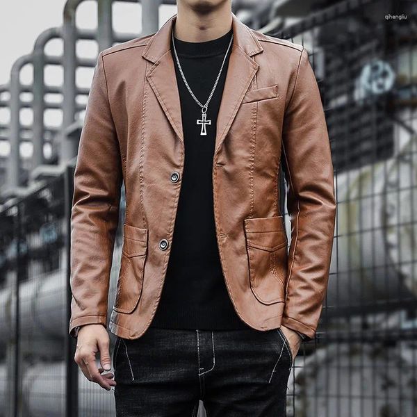 Erkek Ceket Butik İş Gündelik Deri Ceket Kore tarzı Moda İnce Ceket Partisi Sahne Düz Renk Trendi Blazer