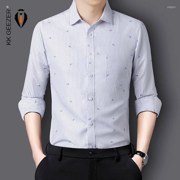 Camisas de vestido masculinas Men camisa tira xadrez de manga comprida 2023 moda formal casual fit fit preto designer branco de alta qualidade
