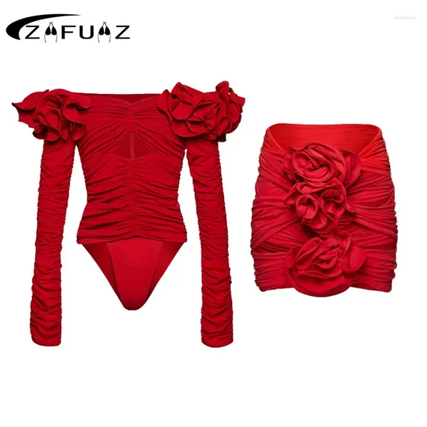 Damenbadebekleidung Rot 2023 Sexy 3D-Blumenausschnitt Einteiliger Rock Luxus Frauen Badeanzug Bikini Set Strand Biquini Badeanzug Kleid