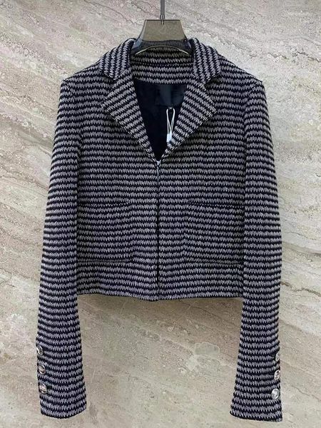 Giacche da donna Design retrò con stampa in bianco e nero, colletto dell'abito, morbido tweed, cappotto corto, moda autunnale, giacca all-match di lusso