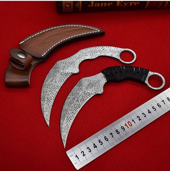 1pcs A1901 Karambit Bıçağı 420c Lazer Desen Bıçağı Tam Tang Parcord Sap sabit bıçak taktik pençe bıçakları deri kılıflı