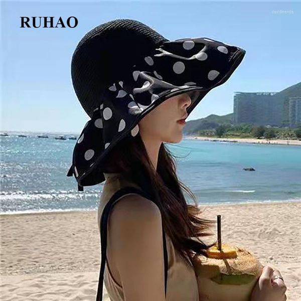 Chapéus largos de aba para mulheres Moda Big Polka Dot Printing Bucket Hat ao ar livre Lazer UV Protection Travel Bonnet