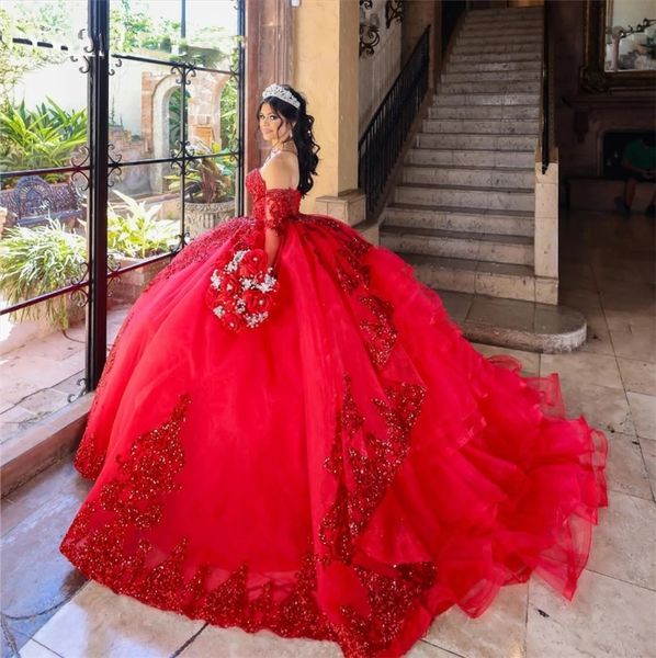 México vermelho querido vestido de baile quinceanera vestido de lantejoulas vestidos de festa de aniversário com manga doce 16 robe de bal