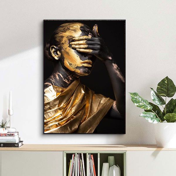 A beleza Mulher Gold e Black Pintura a óleo Cartazes e estampas cobrem olhos de olhos beicinho pintando imagens para decoração da sala de estar