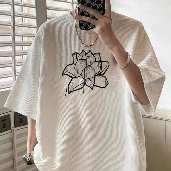 Erkekler Tişörtleri Pamuk Yaz Waffle Ekose Lotus Baskı Kısa Kollu Erkekler O Boyun Gömlek Genç Vintage Moda Harajuku Büyük boy Tee