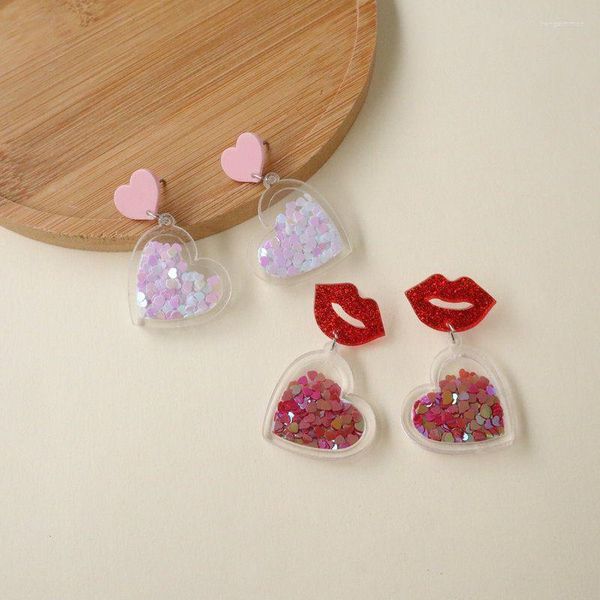 Ohrringe baumeln kreative süße transparente Pfirsich Herz Acryl Sexy Glitter Liebe rote Lippen Aussage für Frauen Modeschmuck