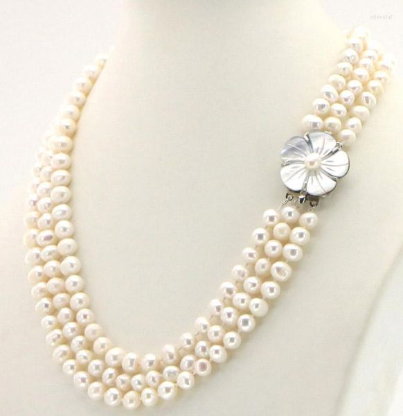 Girocollo HABITOO 3 file 7-8mm collana di perle d'acqua dolce chiusura fiore conchiglia gioielli da 17-19 pollici per le donne regali affascinanti abbigliamento quotidiano