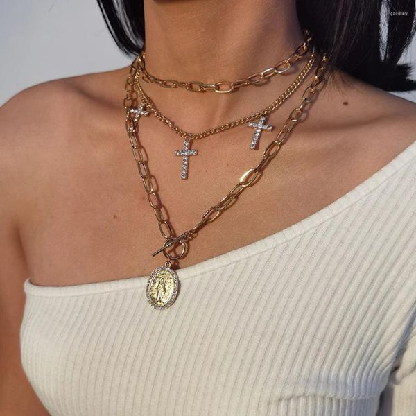 Collane con ciondolo Moda Croce di cristallo Vergine Maria Catena rotonda per donna 2023 Collana femminile multilivello Regalo di gioielli