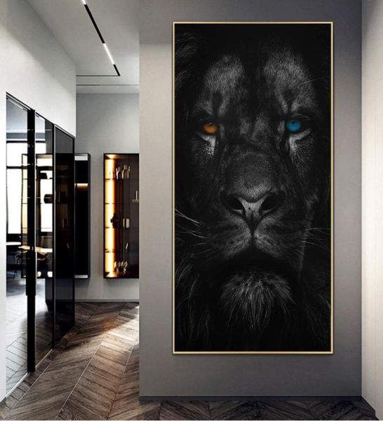 Wilder Löwe mit orangefarbenen und blauen Augen, Poster und Drucke, Leinwandgemälde, Wandkunst, Bilder für Wohnzimmer, Heimdekoration, Cua8803114