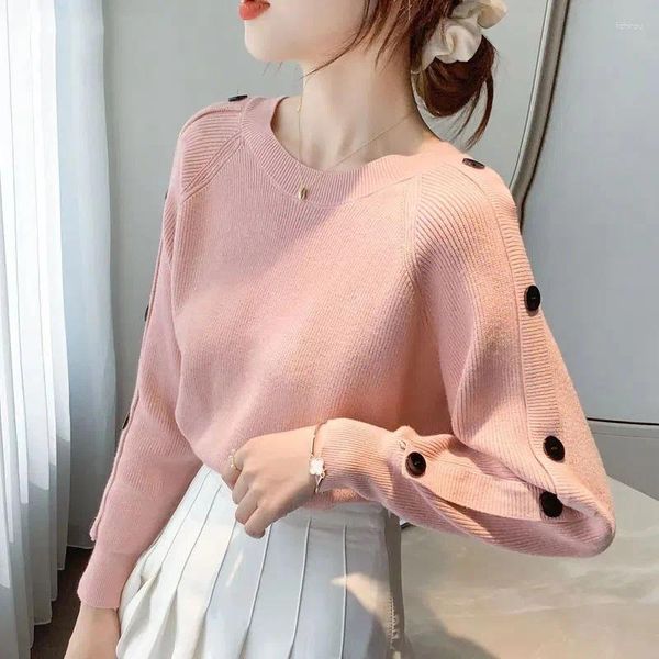 Maglioni da donna Maglia rosa da donna Moda coreana Bottoni Maglione lungo Skeeve Pullover Y2K Streetwear Maglioni basic da donna