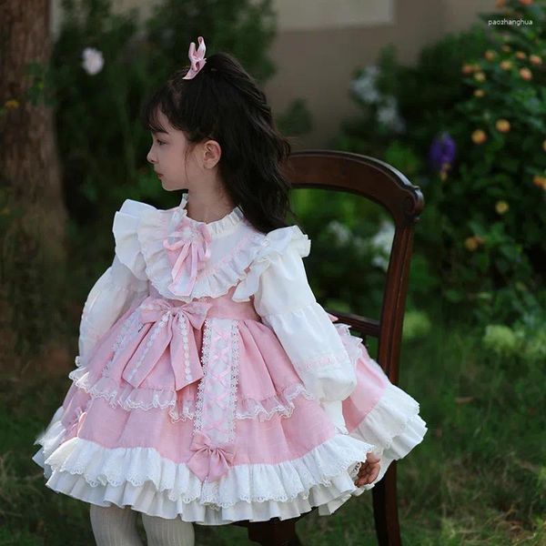 Abiti da ragazza 2023 stile spagnolo per bambini autunnali Boutique di lusso Design Lolita Dress Bambini Abito da ballo in pizzo rosa Abiti da neonato