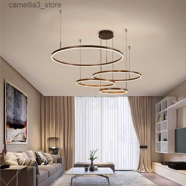 Plafoniere Moderne lampade a sospensione a LED per soggiorno, sala da pranzo, anelli circolari, lampadari a soffitto in alluminio acrilico, lampadari a LED Q231120