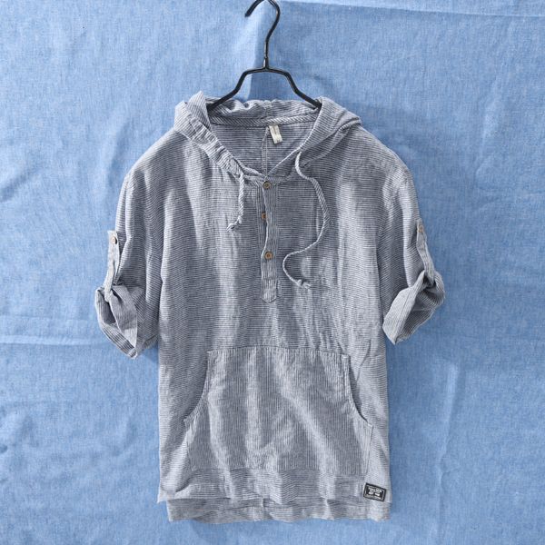 T-shirt da uomo Uomo Summer Fashion Japan Style Cotone di alta qualità Lino manica corta con cappuccio Stripe T-shirt casual Studente Top T-shirt maschile 230420