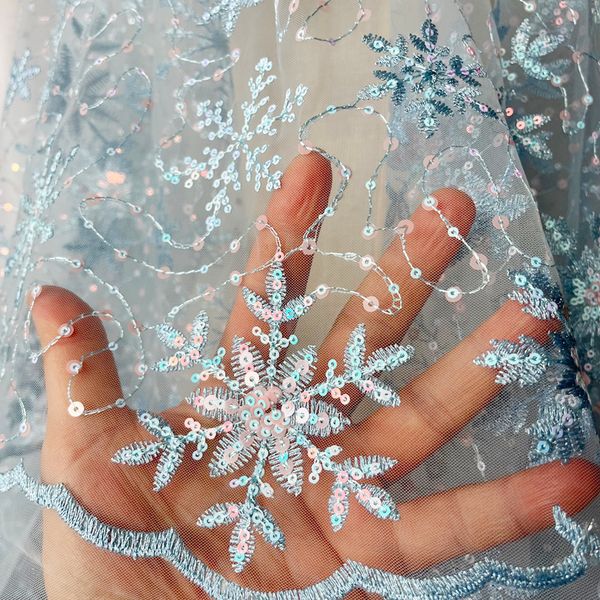 Tecido azul bordado bordado de neve flake roupas de lantejoulas de tecido de saia feminina DIY Vestido de roupas de malha de vestuário 230419