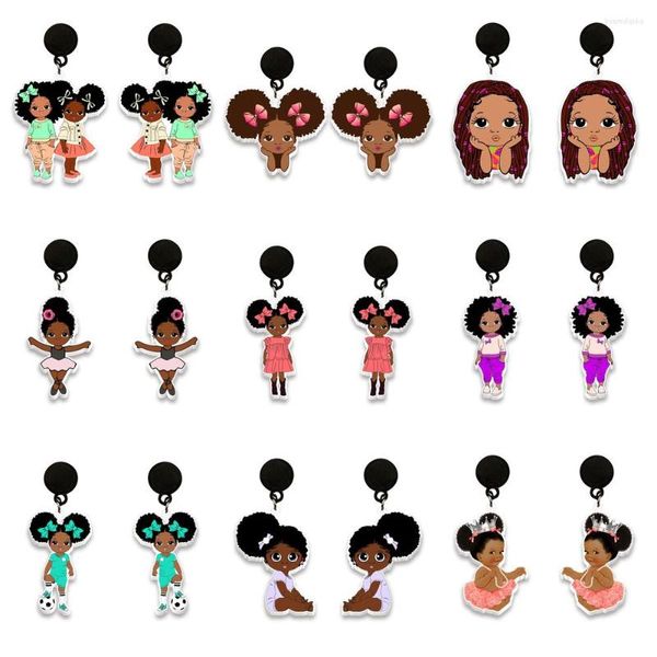 Brincos do garanhão Africano Black Girl Anime Acrílico Pingente Round Print Pattern Caractere de desenho animado