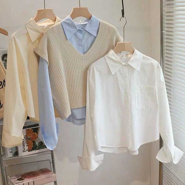 Короткая хлопковая рубашка для женщин осенью и зимой, новый стиль для маленьких фигур, многослойная рубашка для ношения с длинными рукавами, белый топ для небольшой компании
