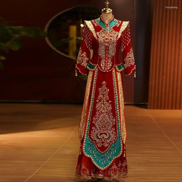 Roupas étnicas Veludo Bordado Xiuhe Roupas Noiva Vestido de Casamento Chinês para Outono e Inverno 2024 Red Toast