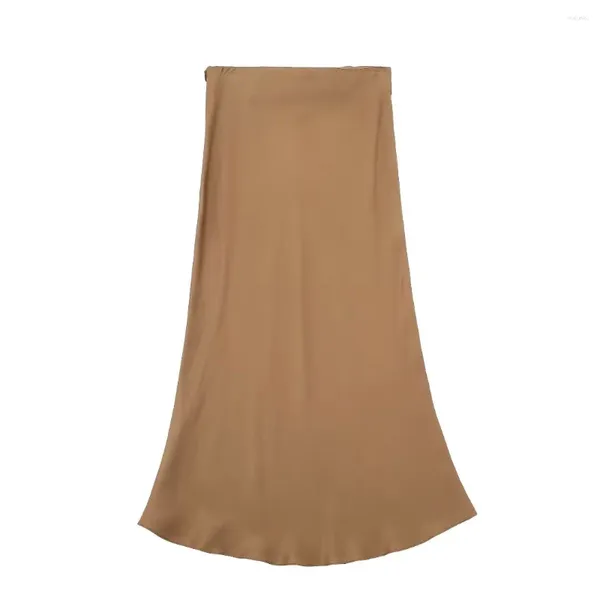 Röcke Frauen 2023 Mode Seide Satin Textur Midi Kleid Vintage Mid-hohe Taille Zipper Alle-spiel Casual Chic weibliche Mujer