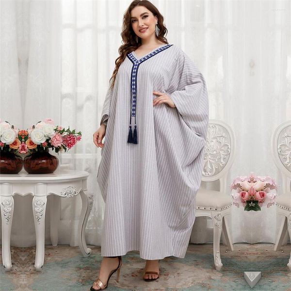 Ethnische Kleidung Abaya Stripes Muslimische Frauen Maxikleid Fledermausärmel V-Ausschnitt Islam Lose Lässige Quaste Robe Übergroßes Ramadan Damenkleid