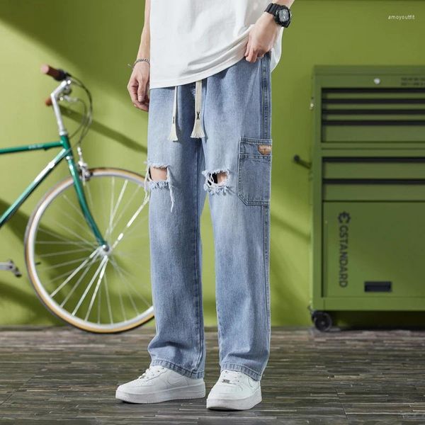 Jeans da uomo vestibilità ampia piede piatto gioventù trendy marchio versatile elastico morbido High Street pantaloni strappati lunghi