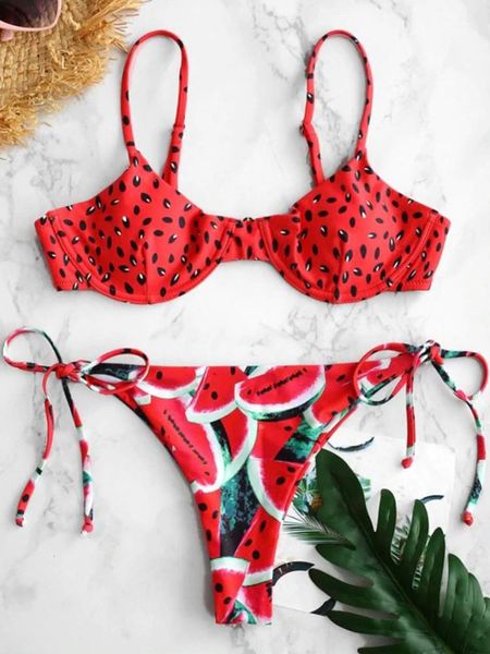 Damen Bademode Bügel Bikini Wassermelonendruck Badeanzug String Push Up Lace Tie Side Damen Badeanzug