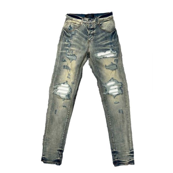 Herren lila Designerin weißer Loch Wash Blue Pant Stretch Denimhose für Männer gerade fit Suese an Knien Stretch Denim Wildleder Rip Jeans