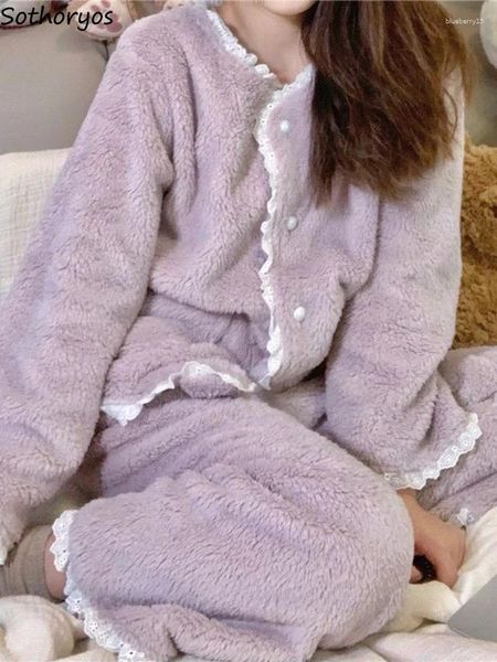 Mulheres sleepwear roxo pijama conjuntos mulheres sólido inverno all-match laço doce quente estilo coreano personalidade literária estudantes criatividade