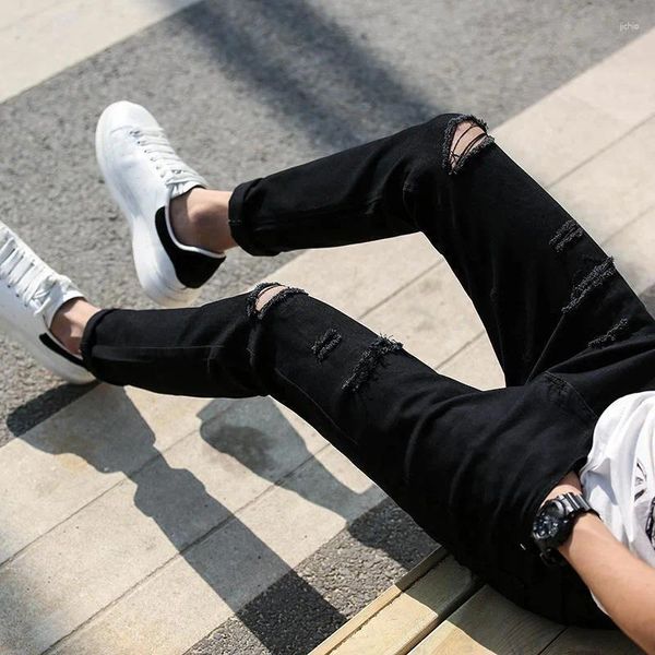 Мужские джинсы, рваные мужские летние тонкие черные брюки, рваные длинные облегающие брюки в Корейском стиле, трендовая версия