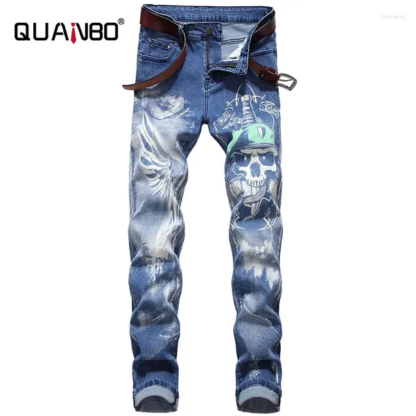 Jeans masculinos 2023 Moda 3D Pattern Street Letters Impred Gothic Man Skinny Black Blue Designer calça jeans Plus Tamanho 42