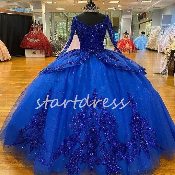 Abiti Quinceanera dal vivo con paillettes blu royal Scintillanti glitter a maniche lunghe Abito da spettacolo di spettacolo Cenerentola Abito da festa di compleanno per sedici anni Abito dolce 16 Abiti da 15 anos