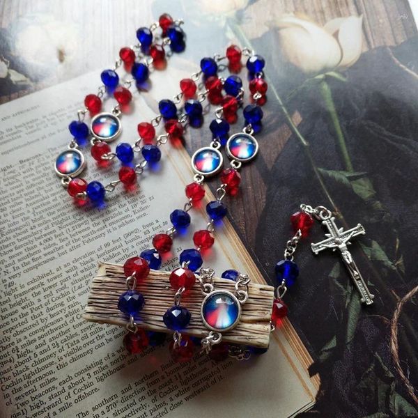 Colares Pingente CottvoCatholic Vermelho Azul Cristal Rosário Beads Colar Cristo Jesus Cruz Virgem Maria Centro Mulheres Jóias