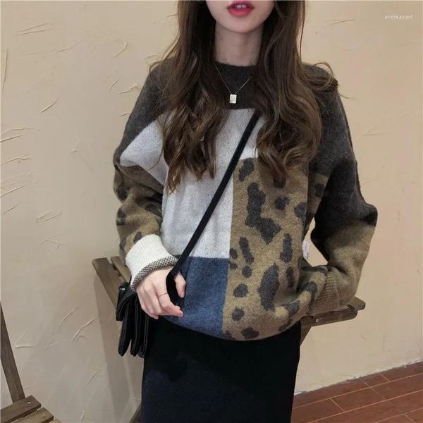 Maglioni da donna Maglione da donna Autunno Inverno Manica lunga O-Collo Pullover Maglieria coreana Maglioni Retro Pigro Stampa leopardata Fondo caldo