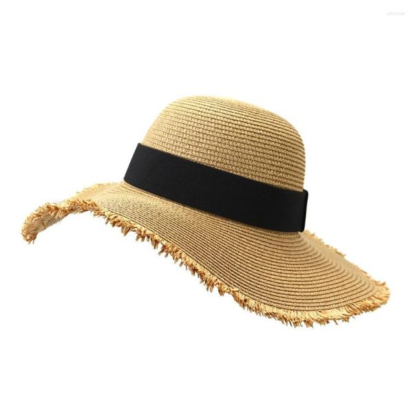 Cappelli a tesa larga Cappello di paglia da donna Protezione solare Spiaggia Nero Bianco Nastro berretto da cintura Casual da donna Flat Top Panama