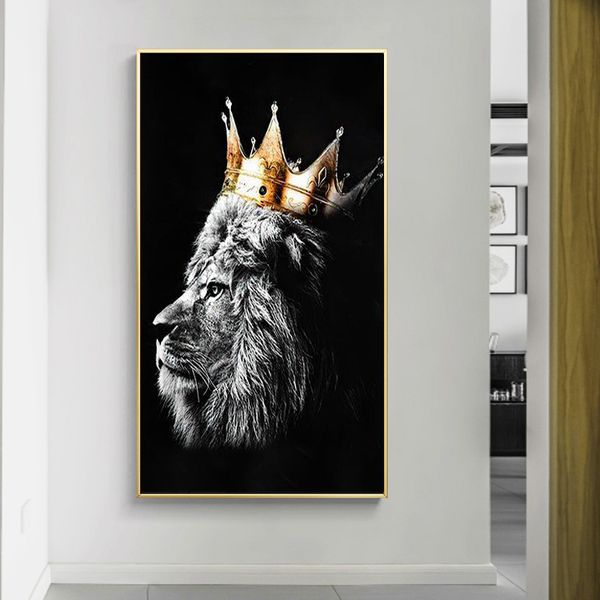 Resumo Lion preto e branco usando pôsteres e impressões da coroa Pintura de lona de animais Arte da parede para decoração da sala de estar