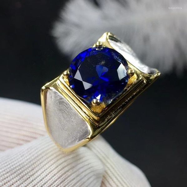 Anelli a grappolo Squisito anello con pietre preziose zaffiro blu reale per uomo Gemma naturale Buon taglio Regalo di compleanno in argento sterling 925 Dimensioni 8x8mm