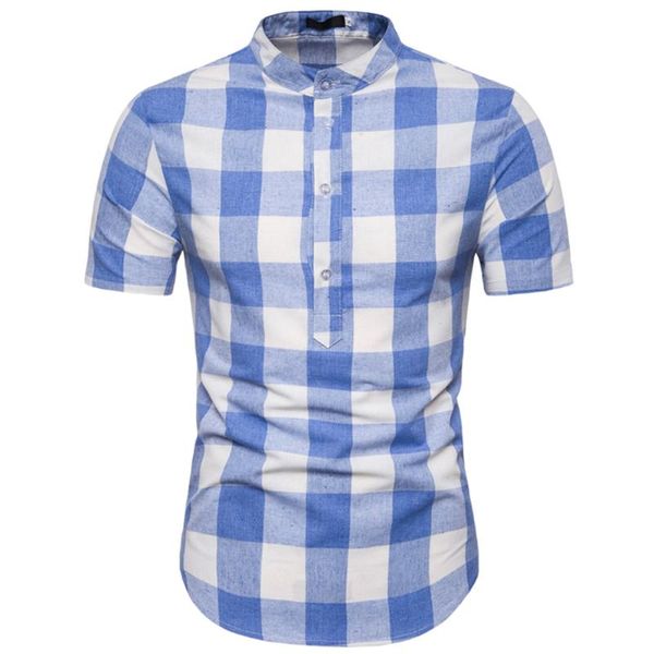 Herren Freizeithemden Blaues und weißes kariertes Hemd Herren 2023 Sommermode Chemise Homme Herren Karierte KurzarmbluseHerren