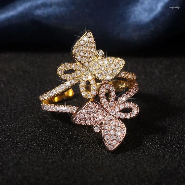 Anéis de cluster luxo dois tons anel de borboleta de ouro para mulheres com bling zircon pedra ajustável moda jóias casamento noivado 2023