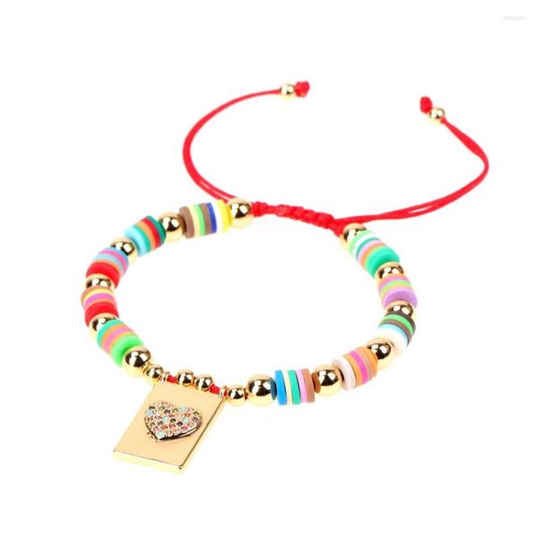 Charm Bracelets Boho Multicolor Clay Flat Beads Armband Zirkonia Inlay Herz Kreuz Anhänger verstellbar für Damen Schmuck