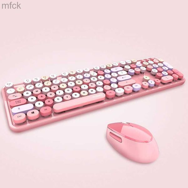 Tastaturen 2.4G Wireless Keyboard Mouse Kit Büromädchen Geschenk 104 Tasten Runde Tastenkappe Niedlich Rosa Blau Grün Rot Schwarz Weiß Für PC Laptop Neu