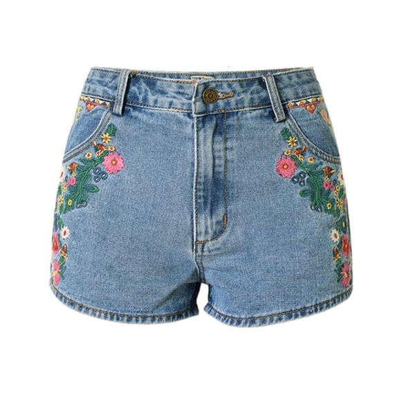 Damen Shorts Neue Blumen bestickte Shorts Jeans Frauen Vintage Ethno-Stil Schlanke Shorts mit hoher Taille lässig Boho Blue Denim für feminine 230420