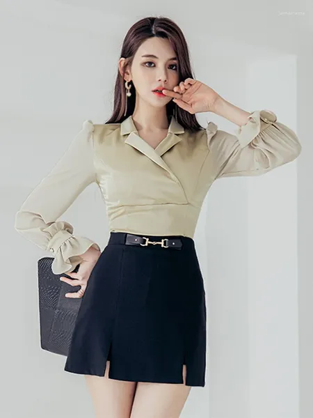 Vestidos de trabalho coreano moda primavera outono sexy 2 peças outfits mulheres formal comute manga longa tops camisa blusa preta curta mini saia