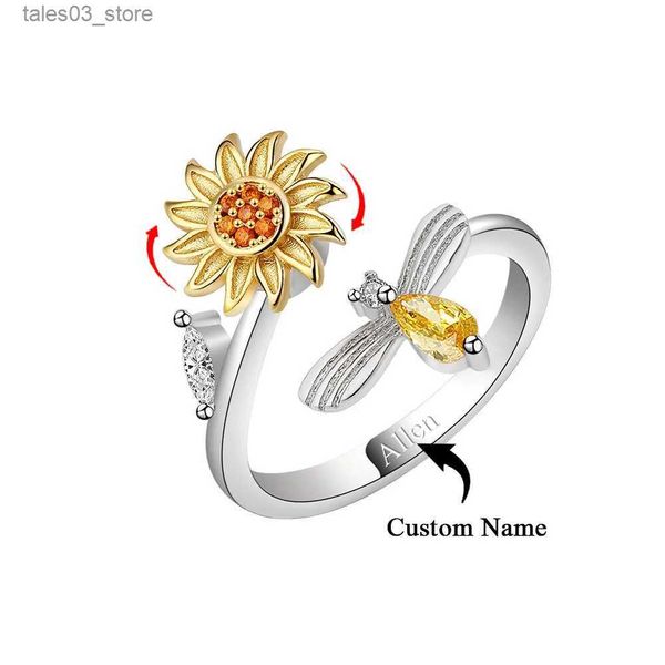 Anéis de casamento Nome personalizado 925 Sterling Silver Rotating Clover Ring Rotating Relief Anxiety Stress Ring Jóias Presentes de Natal para Mulher Q231120