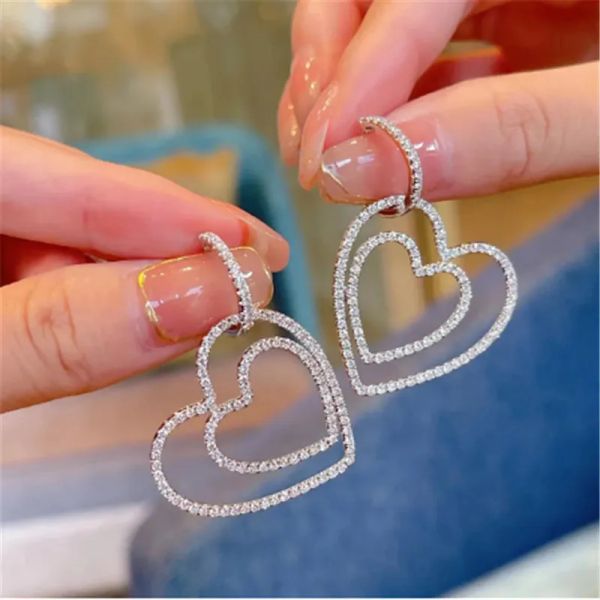 Stud doppio cuore ciondola l'orecchino d'argento tibetano S925 Orecchini pendenti da sposa per le donne Regalo di gioielli promessa di fidanzamento nuziale