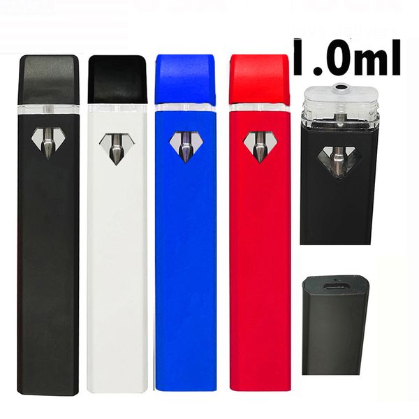 1.0ml Tek kullanımlık vape kalem E-sigara kapsül arabaları kalın yağ boş şarj edilebilir 280mAh pil seramik bobin numunesi buharlaştırıcı düz elmas pencere siyah kalemler özel logo